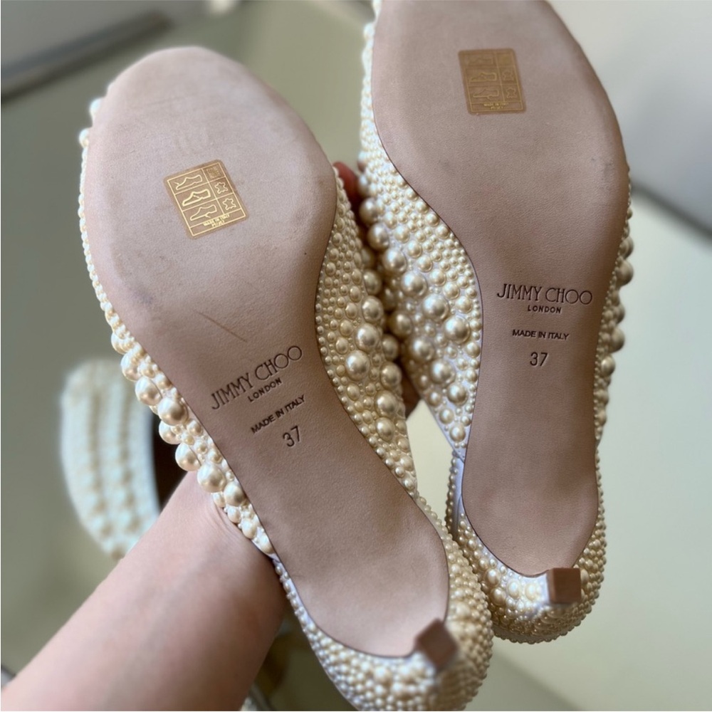 New JIMMY CHOO Samantha 35 White Satin Mules With All-Over Pearls 37 $1,895 - Picture 12 of 15